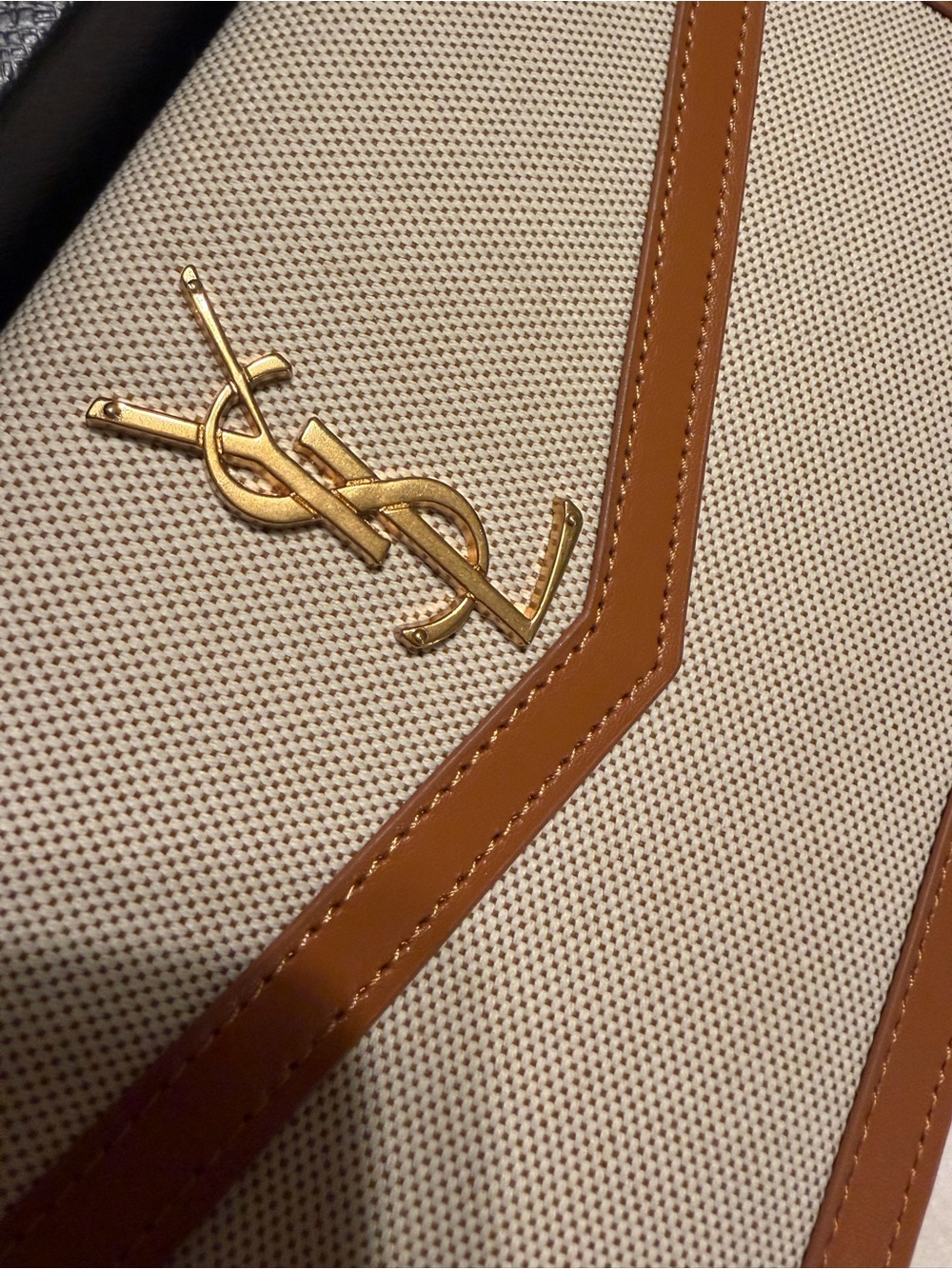 Saint Laurent Beige Canvas Clutch with Tan Leather Trim and Gold YSL Logo
